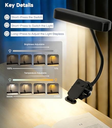 Jasput 2in1 LED Book Light and Desk Lamp, Clip On Reading Light for Bed & Books, 7.9IN Flexible Gooseneck Video Conference Light, 3 Color Modes Dimmable, Rechargeable Lamp for Laptop, Phone, Study - Thumbnail 5