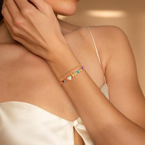 Eaciy Colorful Initial Bracelets for Women - 14K Gold Plated Heart Initial Letter Daint N Charm Bracelet Summer Jewelry Gifts - Thumbnail 4