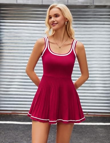LOOKBOHO Womens Sleeveless Knitted Athletic Tennis Golf Dress Workout Active Dresses(R,L) Red - Thumbnail 3