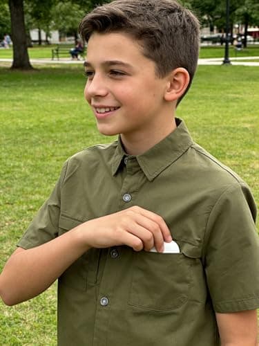 Funnycokid Boys Dress Shirts Button Down Short Sleeve Size 16 15 Teen Army Green Casual Cotton Woven with 3 Pockets - Thumbnail 2