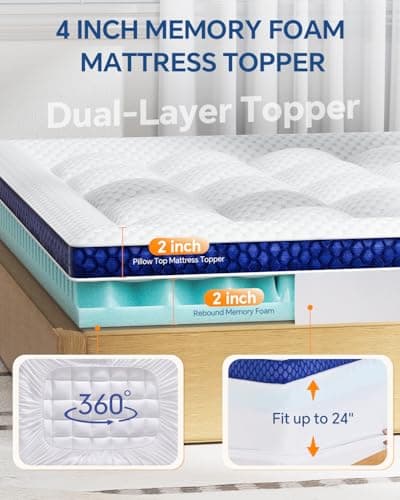 BEDELITE Queen Mattress Topper Dual Layer 4 Inch Memory Foam Mattress Topper, 2 Inch Pilow Top Mattress Pad and 2 Inch Premium Gel Foam Mattress, with Stretchable Pockets Up to 6"-24" - Thumbnail 5