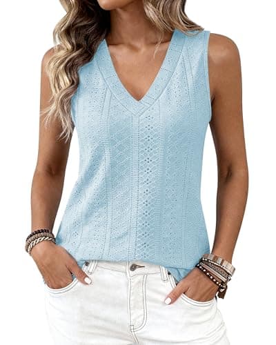 BTFBM Womens Tank Tops 2026 Summer Eyelet Crossed V Neck Sleeveless Casual Loose Flit Basic Spring Top Vacation Outfits(Light Blue, X-Large) - Thumbnail 3
