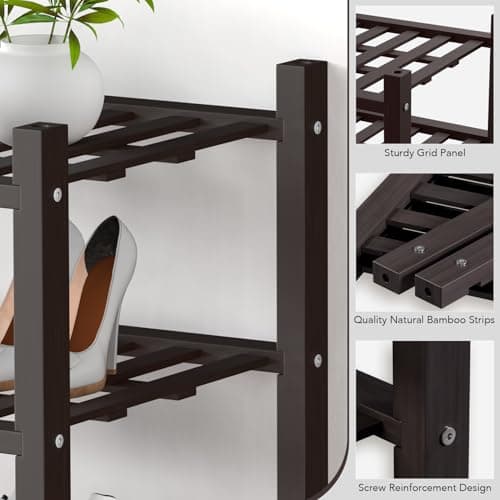 Haddockway Small 3 Tier Bamboo Shoe Rack Storage Organizer, Multifunctional Free Standing Stackable Shoe Shelf with Grid Panel for Closet,Hallway,Entryway,Small Space 18"x11"x17" - Thumbnail 4