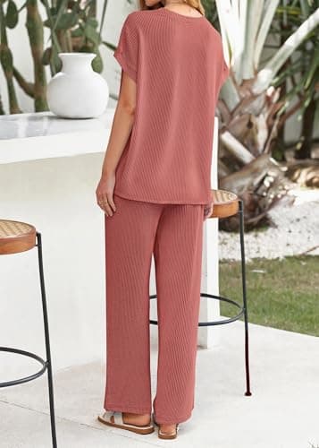 KIRUNDO 2 Piece Sets for Women Dressy Casual Ribbed Knit Short Sleeve Tops Wide Leg Pants Lounge Set Travel Airport Outfits(Rust Red, Large) - Thumbnail 2
