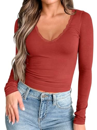 PINKMSTYLE Women Long Sleeve Shirts Double Lined Slim Fit Tops Basic Tee 2025 Fall Outfits Casual T-Shirt Underscrubs Layer Clothes Bright Red Small - Thumbnail 2