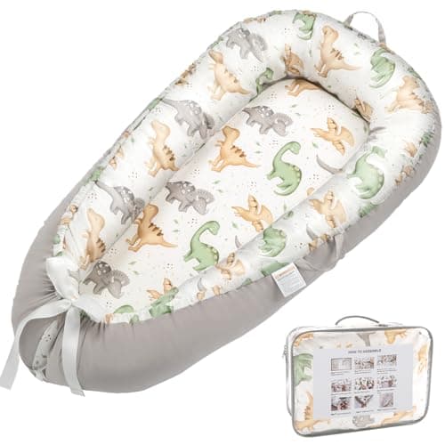 Alened Baby Lounger for Newborn 0-24 Months, Organic Cotton Infant Lounger on Floor for Supervised Tummy Time, Adjustable Portable Support Pad for New Born Awake Use Only - Dinosaur - Image 1