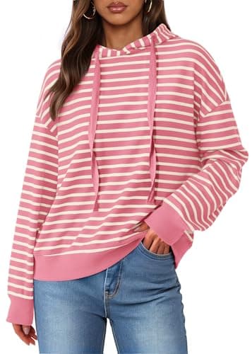 KIRUNDO Sweatshirt For Women Casual Loose Striped Long Sleeve Drawstring Hoodie Pullover Hooded Tops Fashion Clothing(Pink, X-Large) - Image 1