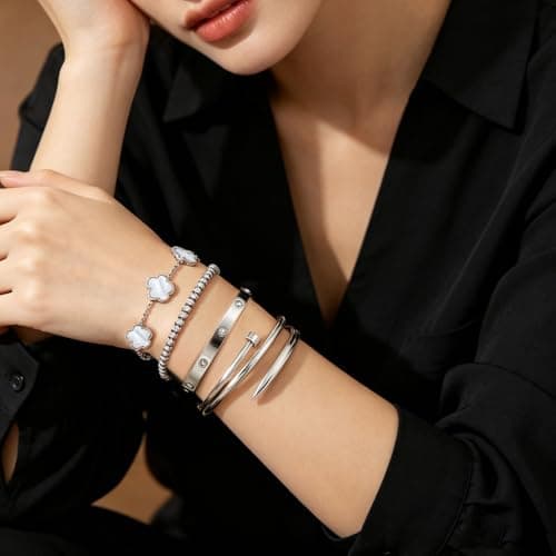 JINDETAI Stackable Silver Bracelets for Women - 3/4/5 Sets, Non-Tarnish Stainless Steel & Sterling Silver Trendy Stackable Bangle Jewelry Set, Gifts for Valentine's Day, Birthday, Prom and Christmas - Thumbnail 3