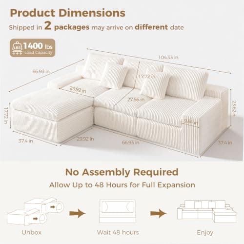HipyMo 105" L-Shaped Boneless Cloud Couch, Modular Sectional Sofa with Ottoman and Extra-Wide Armrests, Deep Seat Sectional Couches for Living Room, High-Density Foam, No Assembly Required, Beige - Thumbnail 2