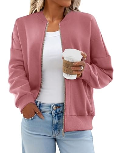 GEMLON Womens Zip Up Sweatshirts Jackets Long Sleeve Casual Loose Outwear with Pockets Dusty Pink 3XL - Thumbnail 2