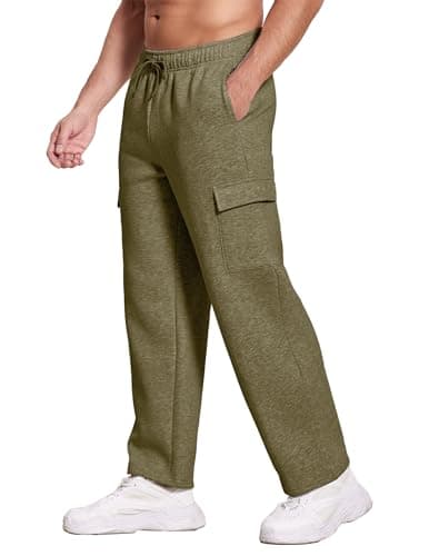 Deyeek Men's Jogger Sweatpants Open Bottom Cargo Sweatpants for Men Baggy Fleece Lined Sweat Pants Thick Cotton Lounge Sweats Olive Green - Image 1