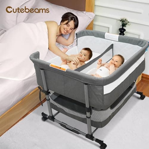 cutebeams Twin Bassinet for 2 Babies, 3 in 1 Bedside Co Sleeper Double Bassinet for Twins, Rocking Bassinet for Baby with Wheels and Storage Basket, Includes Mattress (Grey) - Thumbnail 2