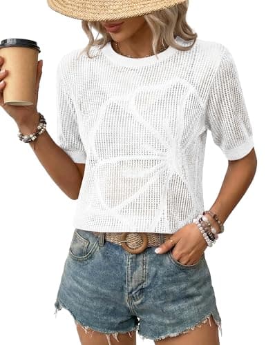 LaGracia Womens Short Sleeve Crochet Sweater Summer Crochet Tops Lightweight Hollow Out Crewneck Pullover Beach Coverup White 2XL - Image 1