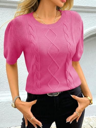 Cicy Bell Womens Puff Short Sleeve Sweater Tops Cable Knit Crew Neck 2026 Spring Shirts Lightweight Dressy Casual Sweaters Rose Red - Thumbnail 6