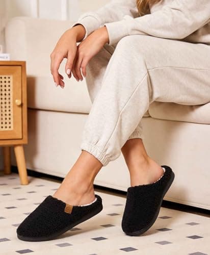 Evshine Memory Foam Fuzzy Slippers for Women Curly Fleece House Shoes Cozy Warm Indoor Slip on, Black 37 - Thumbnail 2
