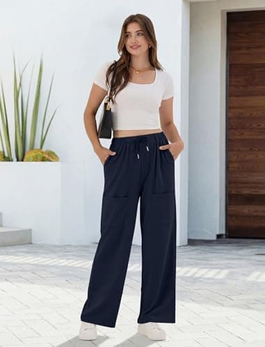 ZAFUL Womens Baggy Wide Leg Pants Cotton Casual Elastic Waist Lounge Palazzo Sweatpants Navy Blue L - Thumbnail 5