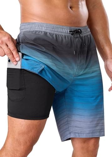 SILKWORLD Mens Swimming Trunks with Compression Liner 2 in 1 Swimming Shorts Quick Dry Bathing Suits with Cargo Pockets, Grey Blue, Large - Thumbnail 2