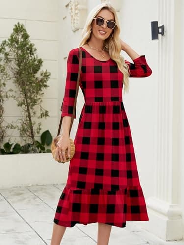 Heymoments Women Dress Crewneck 3/4 Sleeves Red Plaid Medium Wedding Guest A line Casual Flowy Swing Party Vintage Spring Fall Winter Beach Travel 2026 Long Midi Dresses with Pockets - Thumbnail 6