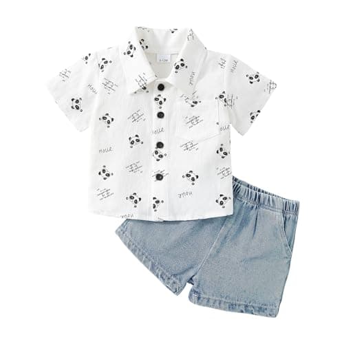vfvBaby Toddler Baby Boy 2 Piece Outfit Bear Print Short Sleeve Shirt & Denim Shorts Set Infant Beach Casual Summer Clothes - Image 1
