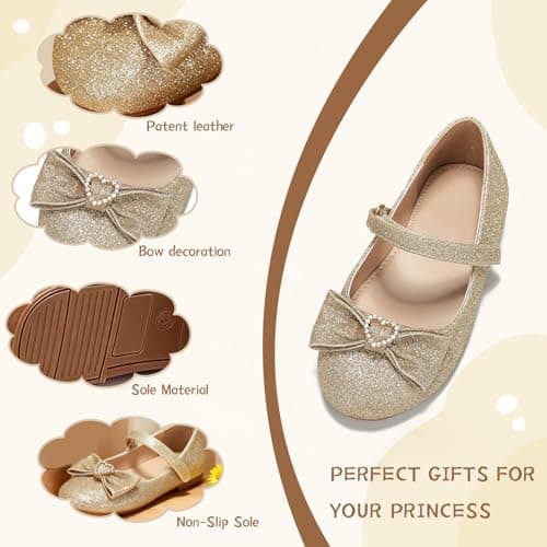 BOGELOO Toddler Girls Flats Mary Jane Flower Girls Dress Shoes School Wedding Party Shoes(Gold,5) - Thumbnail 5