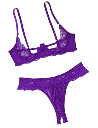 Avidlove Lace Lingerie Outfits Mesh Sheer Push Up Lingerie Set Women Sexy Bra and Panty 2 Piece Purple XL - Image 1