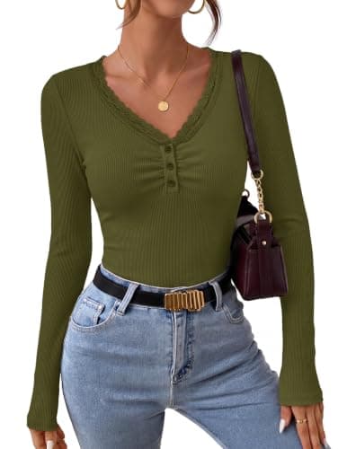 MEROKEETY Women's Long Sleeve V Neck Lace Trim Cute Tops, ArmyGreen, Small