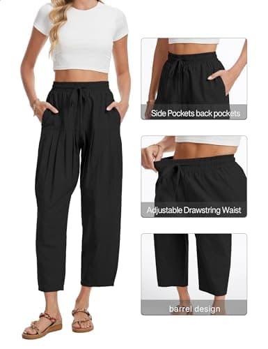 DAOAO Cotton Linen Barrel Pants Women Wide Leg Hippie Boho Casual Loose Harem Pants Pleated Pull On Elastic Waist Black S - Thumbnail 6