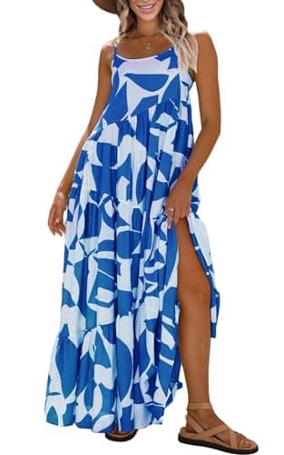 ECOWISH Women Sleeveless Maxi Dress: Summer Spaghetti Strap Casual Loose Boho Beach Dress Asymmetric Tiered Flowy Long Dress Blue XL - Image 1