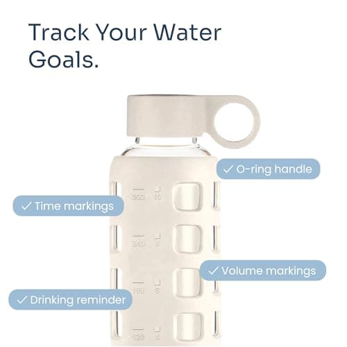 purifyou 40oz / 32oz / 22oz / 12oz Borosilicate Glass Water Bottle with Time & Volume Markers, Silicone Sleeve, Stainless Steel Lid | Reusable Glass Bottle for Water & Juice (12oz Pearled Ivory) - Thumbnail 3
