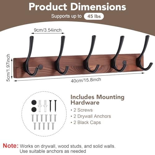 Dntorx Wall Mounted Coat Rack with 5 Hooks, 15.8 in Wooden Coat Hook Rust-Resistant Wall Hooks for Hanging Coat Bag Key Purse Towel Hook Rack for Entryway, Mudroom, Bedroom, Livingroom - Thumbnail 2