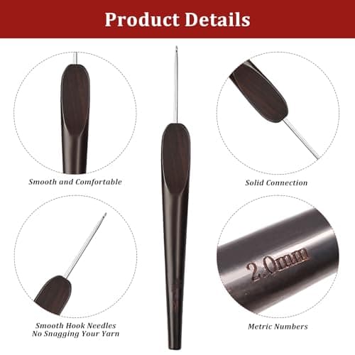 Smooth Crochet Hooks with Mertric Numbers and 10 pcs Stitch Markers, 6 pcs Sweing Needles, 1 pc Sandalwood Crochet Hook Bag, Hand Polished Stainless Steel Crochet Hook with Wood Handle (Black, 2.0MM) - Thumbnail 4