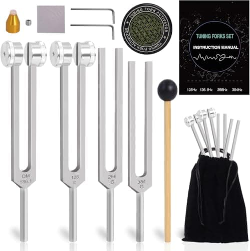 Tuning Forks for Healing Set – 128Hz 136.1Hz 256Hz 384Hz Weighted & Unweighted Sound Healing Tuning Forks for Chakra Balancing, Meditation, Yoga & Relaxation with Activator, Gem Feet & Storage Pouch - Image 1