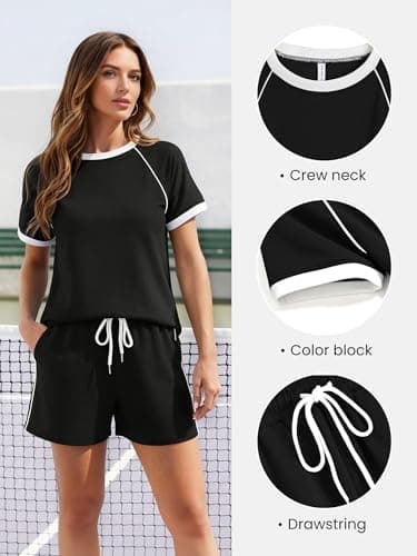 Casly Lamiit Womens Summer Sets 2026 Vacation Outfits Casual Short Sleeve Shirt Drawstring Workout Sets with Pockets Black XL - Thumbnail 2