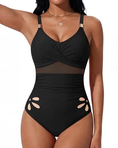 Dridreo Women One Piece Swimsuit Textured Tummy Control Bathing Suits Front Cross V Neck Beach Swimwear 2026 Black XL - Image 1