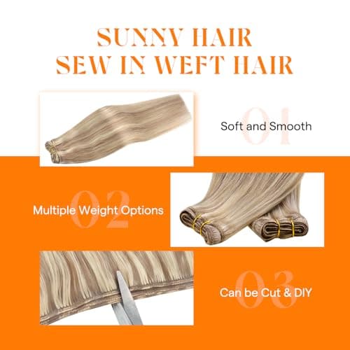 Sunny Hair Sew in Hair Extensions Real Human Hair 18 Inch Double-Wefted Golden Blonde Mix Medium Blonde Highlights Long Straight Add Volume Can be Styled 100G - Thumbnail 3