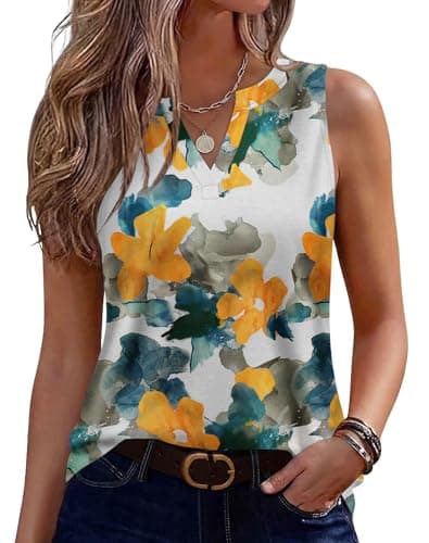 SLOWCOLIN Womens Tank Tops Loose Fit V Neck Tank Tops for Women Summer Casual Sleeveless Shirts White-Yellow M - Image 1