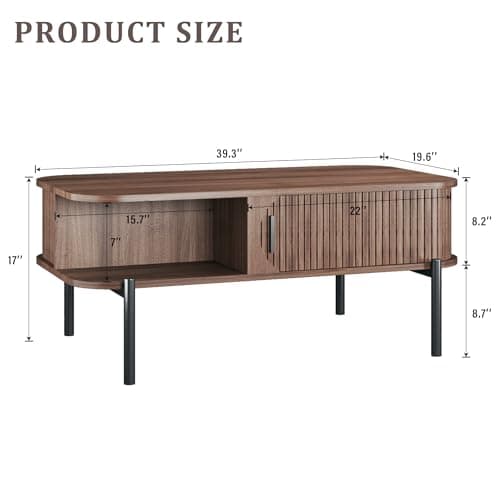 Coffee Table, 39.4" Mid Century Modern Coffee Tables for Living Room, Coffee Table with Storage Open Shelf, Fluted Table with Sliding Cabinet Door, 2-Tier Rustic Wood Desktop, Walnut - Thumbnail 2