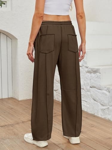 Dokuritu Barrel Sweatpants Women Casual Drawstring Elastic Waist Wide Leg Sweatpant with Pockets Lounge Baggy Pants Coffee - Thumbnail 5