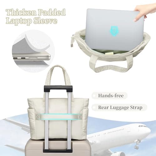 JHhomezeit Puffer Tote Bag for Women-Large Work Tote Bags Quilted Lightweight Puffy Bags Shoulder Bag with Laptop Compartment Beige - Thumbnail 4