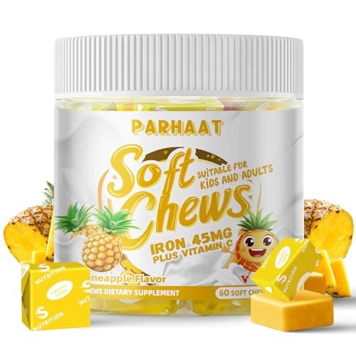 Parhaat Iron Soft Chew Supplement with Vitamin C | Pineapple Flavored | Gluten Free | Iron Supplement for Women Men and Kids | 60 Count | 2 Month Supply