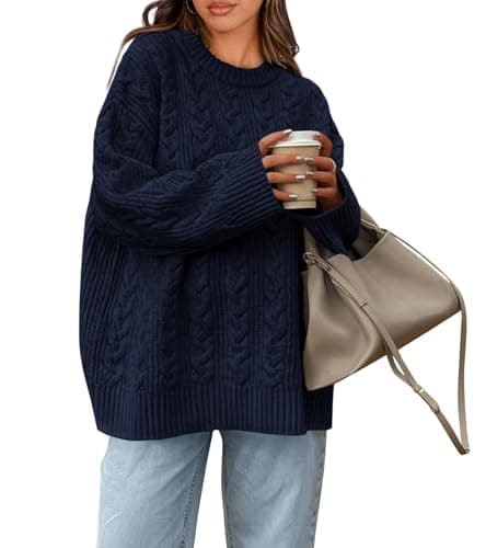 Okiwam Women's Oversized Sweaters Crewneck Cable Knit Pullover Casual Loose Fall Outfits Spring Fashion Clothes 2026-L Navy - Image 1