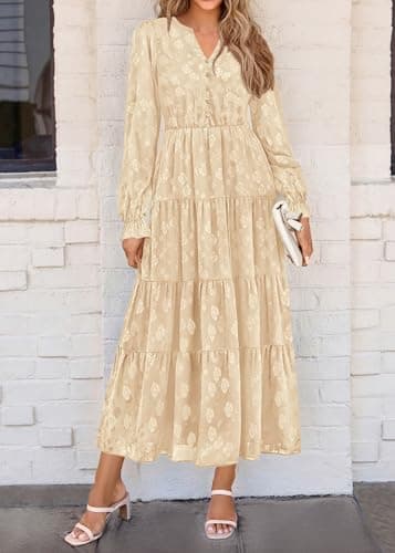 KIRUNDO Spring Wedding Guest Dresses for Women 2026 Maxi Floral Long Sleeve Elegant Ruffle Tiered Flowy Party Long Dress(Beige, Small) - Thumbnail 5