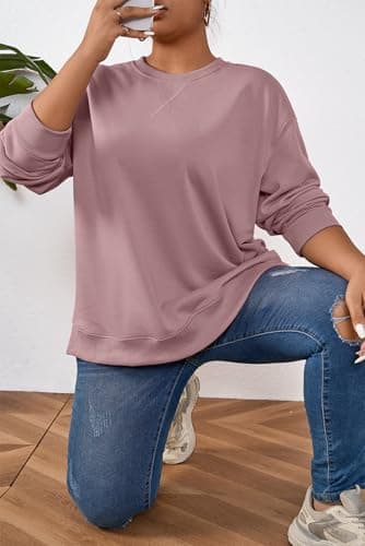 TAKEYAL Women Plus Size Oversized Sweatshirt Crewneck Hoodies Shirts 2024 Fall Pullover Top Trendy Preppy Clothes (Pink, 2XL) - Thumbnail 4