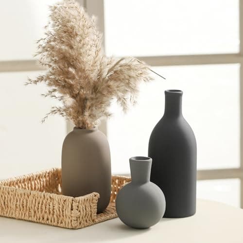 Ceramic Vase Set of 3, Rustic Farmhouse Vases Home Decor Pottery Pampas Vase Decoration Modern Neutral Flowers Vases for Room Decor, Entryway, Living Room, Table, Kitchen, Bedroom - Multicolor - Thumbnail 2