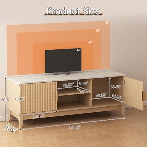 GlouMod TV Stand for TV up to 65 Inches, 55" Entertainment Center with Storage Cabinets and Marble White Top, Fluted Panels, Mid Century Modern Media Console Table for Living Room, Light Wood - Thumbnail 2