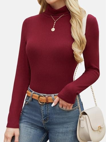 GKBK Women's Turtleneck Sweaters Fitted Long Sleeve Ribbed Shirts Lightweight Thermal Underwear Warm Layering Tops Fall Outfits 2025 Trendy Wine Red - Thumbnail 5