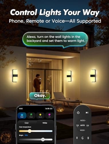 FILIYANO Outdoor Wall Lights, RGBCW Smart LED Lamp, Color Changing Front Door Sconce, Porch Lights Outdoor Light Fixture,12in Exterior Wall Sconces, Remote & Wi-Fi Control, IP65 Waterproof, 2 Pack - Thumbnail 5