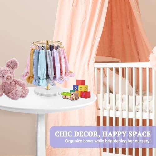 Planetgreen 360° Rotating Headband Holder for Baby Girls - Gold Hair Bow Organizer Display Stand with 30 Hooks - Spinning Hair Accessories Storage Rack for Nursery Room, Dresser & Vanity Table - Thumbnail 4