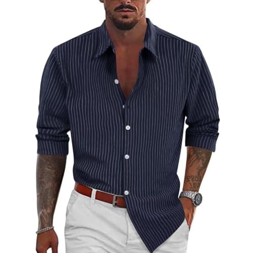 BAYAMO Men's Button-Down Striped Shirts Casual Long Sleeve Cotton Linen Collared Shirts Fashion Business Dress Shirt Navy M - Thumbnail 2