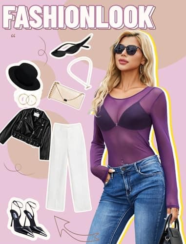 Avidlove Sheer Shirt Mesh Long Sleeve Top Going Out Tops for Women Mesh Undershirt Fashion Clothing Purple S - Thumbnail 5